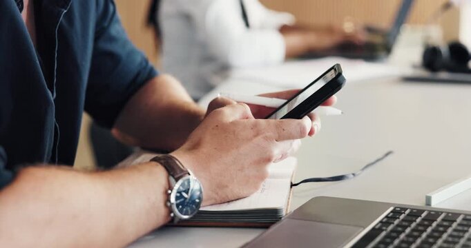 Office, typing or hands with phone for research, check internet and online forum for technology question. Laptop system query, mobile app or person with text message reply, digital advice or solution