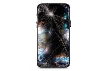 Broken smartphone screen damage on transparent background overlay effect.