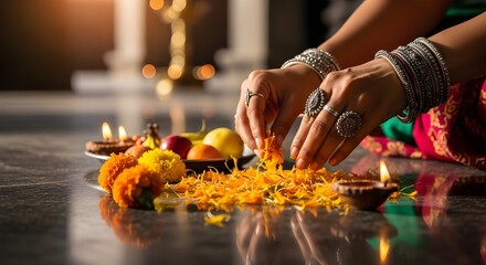 Detailed close-up of woman placing marigold petals on temple floor. Concept of religious offering, devotion, cultural ritual, spiritual practice, and ceremonial preparation