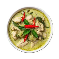 Top View of Delicious Thai Green Curry with Chicken and Fresh Herbs Garnish Isolated on Transparent Background