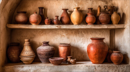 Shelf displaying clay vases and pots. Potter&rsquo;s workshop with brown pottery, showcasing handcrafted vases and pots.
