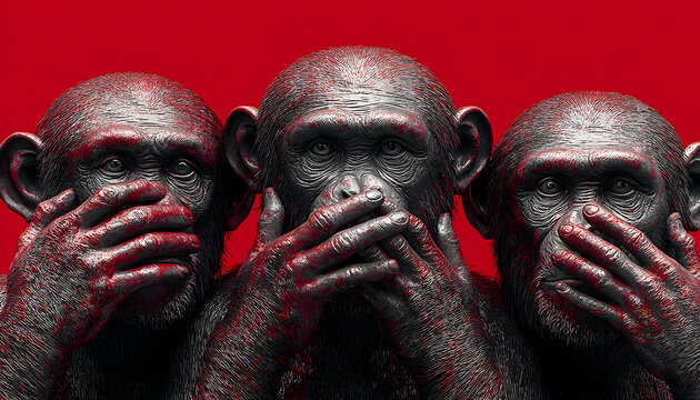 Statues of three wise monkeys on a red background, symbolizing See No Evil, Hear No Evil, Speak No Evil in vibrant colors.