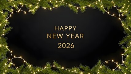 Happy New Year 2026 greeting card with festive pine branch border and glowing lights