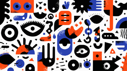 Abstract geometric symbols with eyes and bold shapes on white background, suitable for branding, packaging, posters, presentations, and digital design