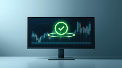A modern monitor displays a financial market chart with a vibrant green checkmark, symbolizing successful stock trading and investment decisions.