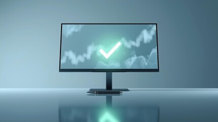 A modern computer monitor displays a stock chart with a glowing checkmark on a reflective surface in a minimalist, contemporary office setting.