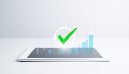 Green checkmark hovers above a tablet displaying bar graphs, indicating confirmation and success on a clean, white surface environment now verified.