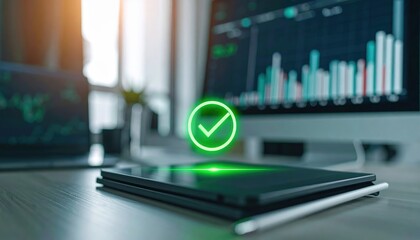 A digital tablet displays a glowing green checkmark above a desk with computer monitors showing stock charts in a bright office setting.