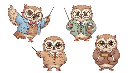 Fototapeta premium Set of four cute cartoon owl professors wearing glasses and suits, holding books and pointers, isolated on white background.