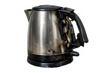 Damaged kettle with transparent background, electrical fault caused fire.