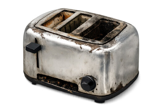 Old, dirty toaster on a transparent background, vintage kitchen appliance