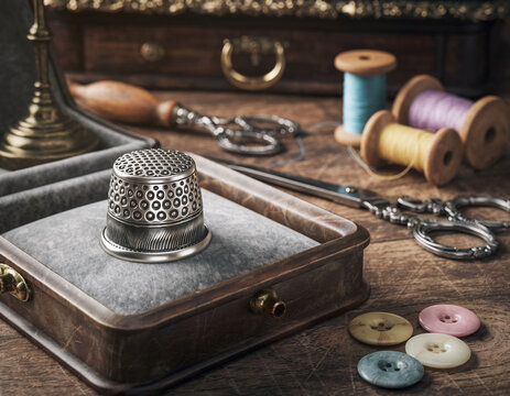 Elegant silver thimble in a vintage display case on a rustic wooden table. Surrounded by thread, scissors, and buttons, it celebrates traditional craftsmanship and handmade tailoring art. - Powered by Adobe