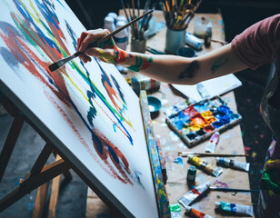 An expressive artist creates a vibrant abstract painting on canvas, showcasing passion and creativity. Perfect for art education, inspiration, and creative workspace marketing projects.