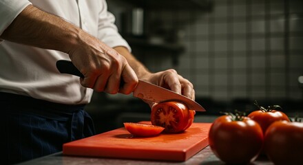 A chef carefully slices a red tomato on a red cutting board in a professional kitchen setting.