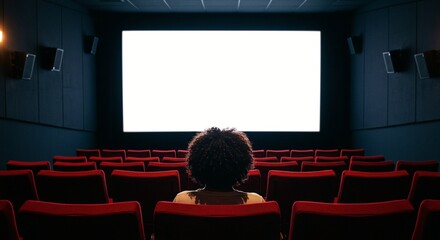 A person watches a blank screen in a dark theater, surrounded by empty red chairs.