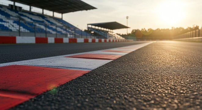 Race track on sunny day, red and white borders mark edges, empty seating in background.