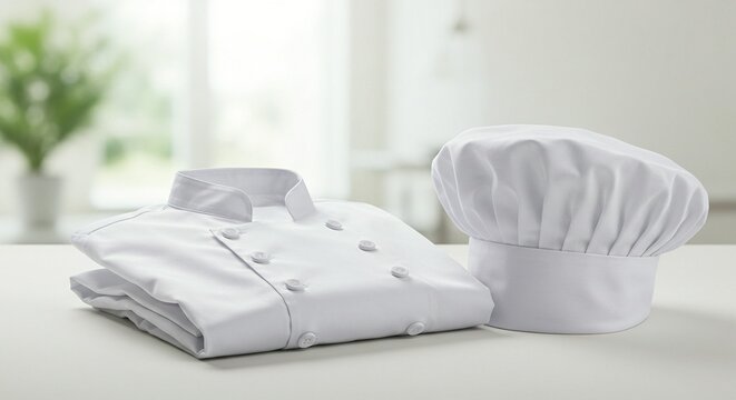 Crisp white chef uniform, including a neatly folded jacket and classic toque, on table.