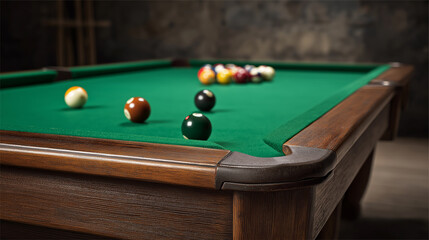 A close-up view of a beautifully crafted pool table with vibrant green felt, featuring colorful billiard balls ready for a game.