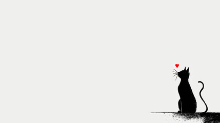 A charming silhouette of a cat gazes upward, with a red heart floating above, capturing the essence of love and affection for feline companions.