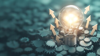 A glowing light bulb surrounded by gears and arrows symbolizes innovation and progress