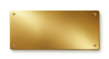 Close up of blank brass nameplate isolated on white. Gold rectangle plate with rivets. Empty metallic surface for text or logo. Ideal for business, office door decor, signage or design.