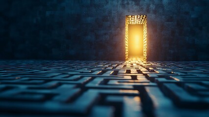 A glowing doorway leading out of a dark maze