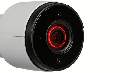 Close-up of a high-tech security camera with a red lens, poised and ready for action.