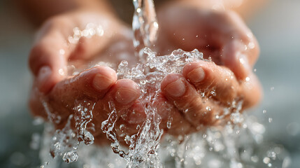 Close-up of hands cupping flowing water, symbolizing purity, cleansing, and renewal, set against a light, blurred background.