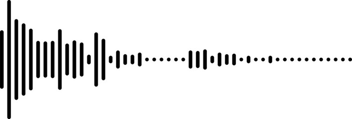 Black and white sound wave visualization graphic, audio waveform representation of a short sound burst or signal