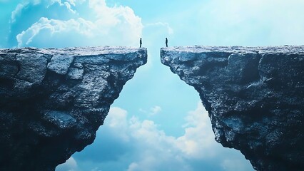 Two figures stand on opposite cliffs, with a deep chasm between them, set against a stunning sky background