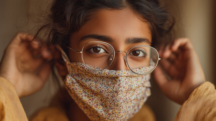 A close-up portrait of a young person wearing round glasses and a floral-patterned mask, adjusting their hair with a warm, soft background.