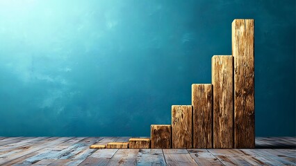 Wooden stairs represent upward progression against the blue background