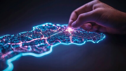 Person pointing on a glowing map, symbolizing connection and global interaction. The image showcases hand interacting with a bright, dynamic world map. 
