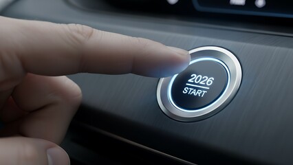 A finger pushes a black digital start button on the dashboard to control the engine power and auto technology inside this modern vehicle interior