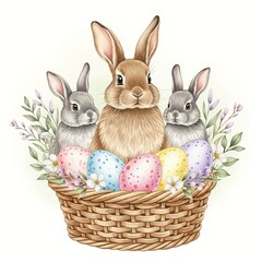 Obraz premium Watercolor bunnies and eggs in a basket surrounded by flowers, a joyful Easter illustration.
