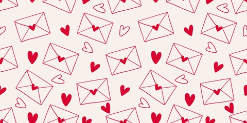Cute seamless pattern with envelopes and hearts. Valentines Day concept, seasonal romantic designs. Good for greeting cards, social media, packaging, prints, invitations, branding