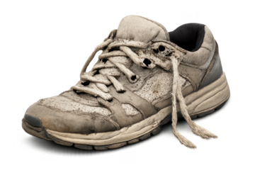 Worn sneaker on transparent background, isolated shoe detail artwork.