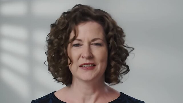Portrait of Woman with Brown Curly Hair in Blue Dress against Gray Background