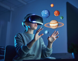 A girl explores space via a VR headset with a 3D solar system hologram. This futuristic image symbolizes STEM education and immersive digital learning for curious young students.