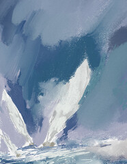 Impressionistic Scribbly Painting/Landscape of 3 Sailboats Up-close Approaching Shore w/Seawater Splashing-Digital Art, Illustration, Artwork-In Dusty Blue, Light Blue & White-w/paint & Canvas Texture