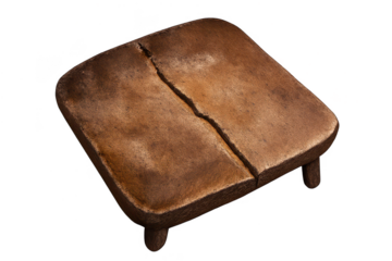 Old wooden footstool, cracked seat on transparent background image.
