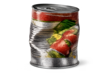 Damaged food can with visible contents on a transparent background.