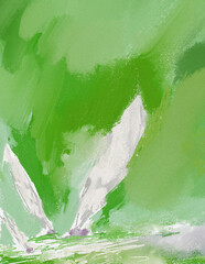 Impressionistic Scribbly Painting/Landscape of 3 Sailboats Up-close Approaching Shore w/Seawater Splashing-Digital Art, Illustration, Artwork-In Neon green, Light green White-w/paint & Canvas Texture