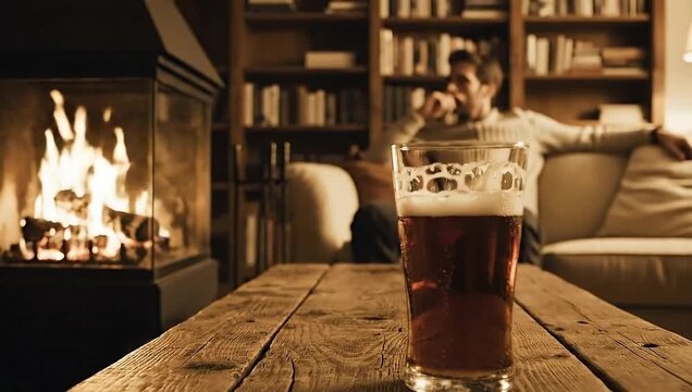 Pint of dark beer with foam resting on a rustic wooden table in front of a cozy fireplace and blurred background