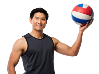 A smiling, athletic young Asian man with dark hair, wearing a black sleeveless athletic shirt, confidently holds a vibrant, segmented volleyball above his right, isolated on transparent background.