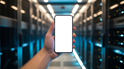 First person point of view of a hand holding a smartphone with a blank white mockup screen in a high tech server room with blurred data center racks and blue glowing led lights