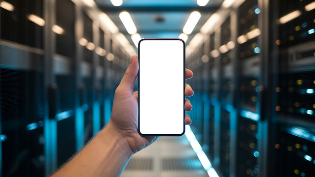 First person point of view of a hand holding a smartphone with a blank white mockup screen in a high tech server room with blurred data center racks and blue glowing led lights - Powered by Adobe