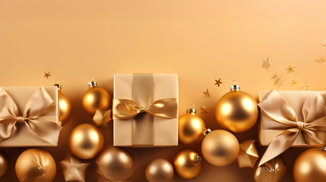 Golden Christmas gifts, balls and decorations in a row on a gold abstract background. Horizontal composition, top view, flat lay, copyspace.