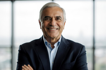 Fototapeta premium Handsome hispanic senior business man with crossed arms smiling at camera. Indian or latin confident mature good looking middle age leader male businessman on blur office background with copy space.