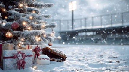 Fototapeta premium Christmas tree closeup with gifts on snowy baseball court with baseball glove, bat and ball lying in the snow. Concept of resting baseball sport during Christmas time.